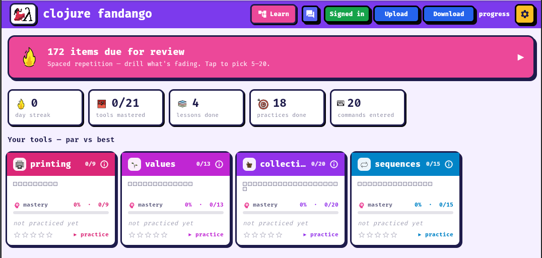 The toolbox: streak and totals on top, per-topic cards with mastery bars and par-vs-best